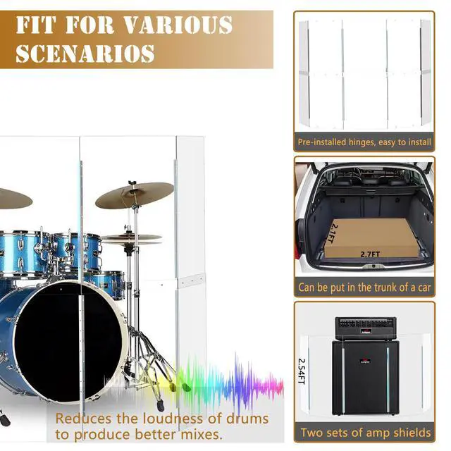 Alt view image 6 of 7 - Portable Drum Shield | 4 Panels 2ft x 5ft | Factory-Installed Full-Length Stainless Steel Hinges | Acrylic Drum Sound Barrier | Cage for Church Use (4 Panels)
