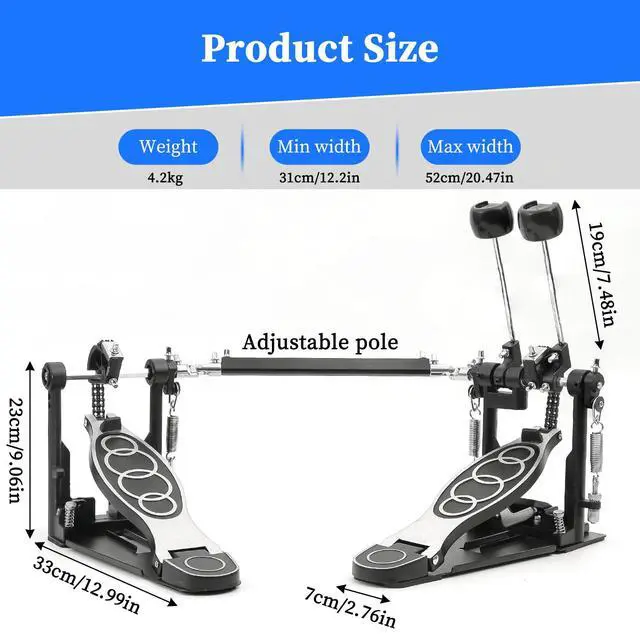 Alt view image 5 of 7 - Double Bass drum Pedal,Double Bass Pedal with Adjustable Beater Head,Double Chain Drive Foot Kick Pedal with Drum Key for Drum Set and Electronic Drums