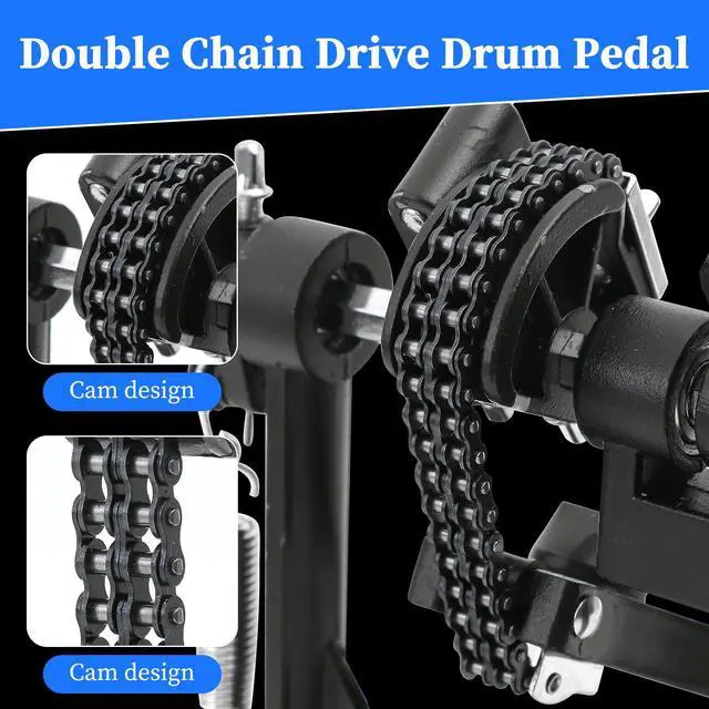 Alt view image 4 of 7 - Double Bass drum Pedal,Double Bass Pedal with Adjustable Beater Head,Double Chain Drive Foot Kick Pedal with Drum Key for Drum Set and Electronic Drums