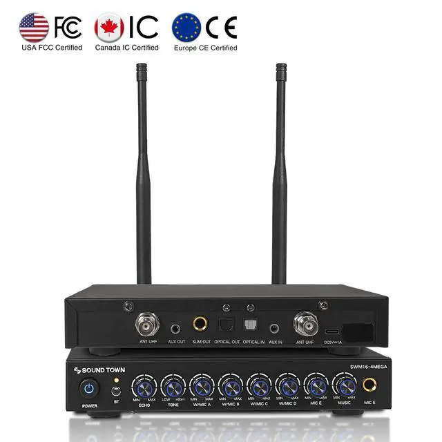 Alt view image 2 of 6 - 200 Channels Wireless Microphone Karaoke Mixer System, with 4 Metal Handheld Microphones, Optical (Toslink), AUX, for Smart TV, Home Theater, Sound Bar (SWM16-4MEGA)