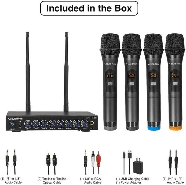 Alt view image 5 of 6 - 200 Channels Wireless Microphone Karaoke Mixer System, with 4 Metal Handheld Microphones, Optical (Toslink), AUX, for Smart TV, Home Theater, Sound Bar (SWM16-4MEGA)