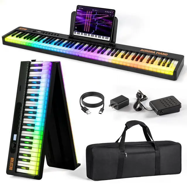 Main image of 88-Key Foldable Piano Keyboard with Colorful Lighted Keys | Semi-Weighted Full Size Portable Digital Piano with MIDI, Speakers, Sustain Pedal for Beginners, Travel and Small Spaces