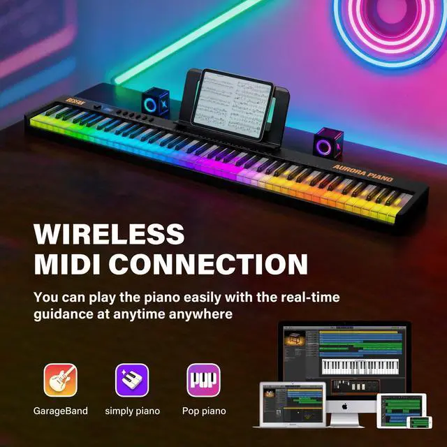 Alt view image 3 of 7 - 88-Key Foldable Piano Keyboard with Colorful Lighted Keys | Semi-Weighted Full Size Portable Digital Piano with MIDI, Speakers, Sustain Pedal for Beginners, Travel and Small Spaces