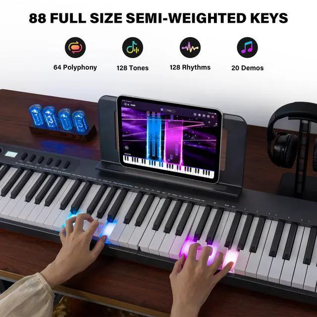 Alt view image 2 of 7 - 88-Key Foldable Piano Keyboard with Colorful Lighted Keys | Semi-Weighted Full Size Portable Digital Piano with MIDI, Speakers, Sustain Pedal for Beginners, Travel and Small Spaces