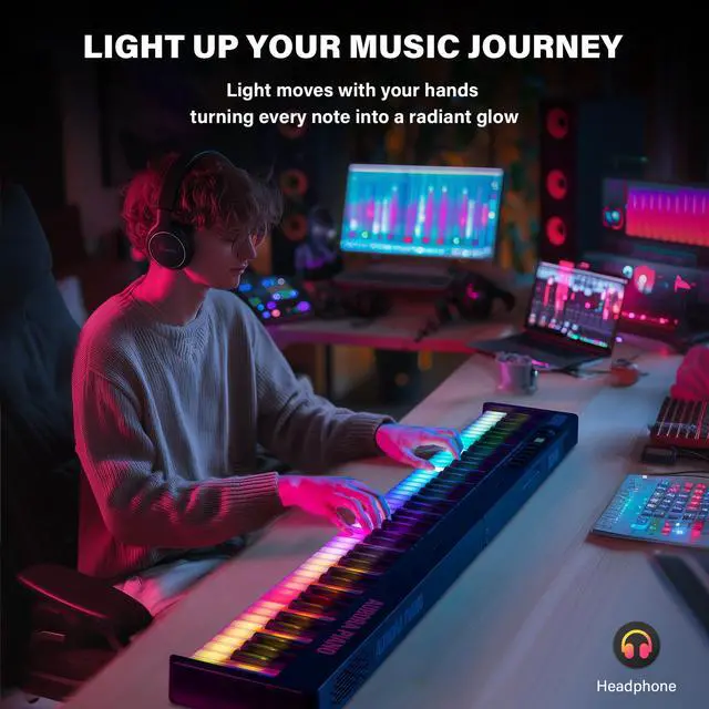 Alt view image 5 of 7 - 88-Key Foldable Piano Keyboard with Colorful Lighted Keys | Semi-Weighted Full Size Portable Digital Piano with MIDI, Speakers, Sustain Pedal for Beginners, Travel and Small Spaces