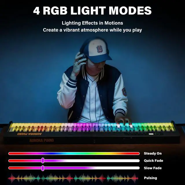 Alt view image 6 of 7 - 88-Key Foldable Piano Keyboard with Colorful Lighted Keys | Semi-Weighted Full Size Portable Digital Piano with MIDI, Speakers, Sustain Pedal for Beginners, Travel and Small Spaces