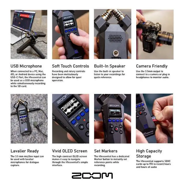 Alt view image 4 of 7 - H1essential Handy Recorder Bundle with Professional Lavalier Condenser Microphone, 32GB microSDHC Card, Furry Microphone Windscreen, 4 AAA Alkaline Batteries, and More!