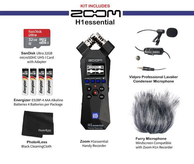 Alt view image 2 of 7 - H1essential Handy Recorder Bundle with Professional Lavalier Condenser Microphone, 32GB microSDHC Card, Furry Microphone Windscreen, 4 AAA Alkaline Batteries, and More!