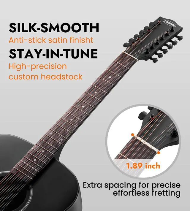 Alt view image 2 of 7 - 12 String Acoustic Electric Guitar for All Players, Rounded Black | 42" Full Size, Rich 12-String Tone, Spruce Top & Mahogany Body, Built-In EQ/Tuner, Matte Finish for Stage & Home Playing