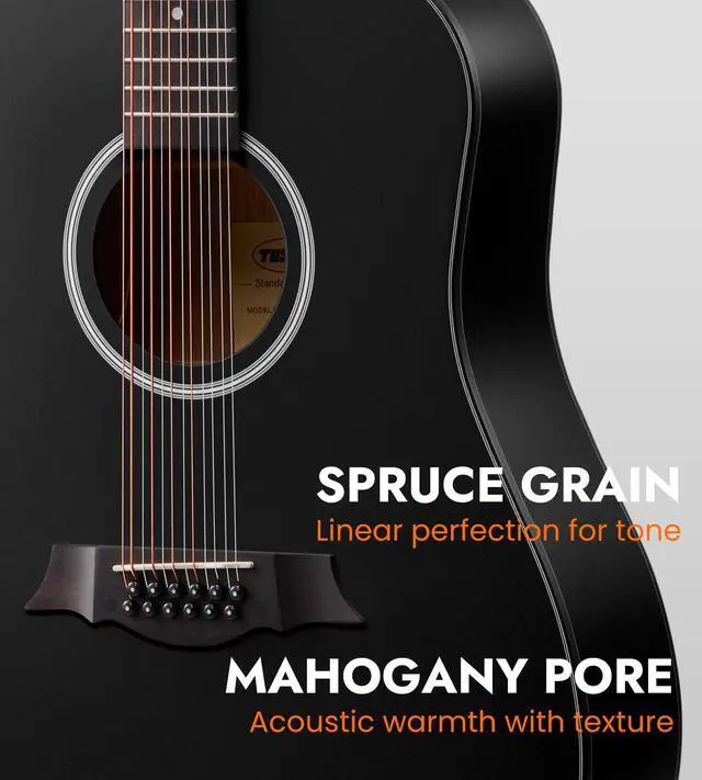 Alt view image 4 of 7 - 12 String Acoustic Electric Guitar for All Players, Rounded Black | 42" Full Size, Rich 12-String Tone, Spruce Top & Mahogany Body, Built-In EQ/Tuner, Matte Finish for Stage & Home Playing