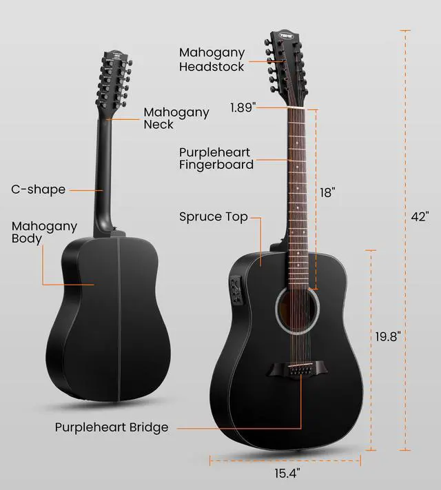 Alt view image 7 of 7 - 12 String Acoustic Electric Guitar for All Players, Rounded Black | 42" Full Size, Rich 12-String Tone, Spruce Top & Mahogany Body, Built-In EQ/Tuner, Matte Finish for Stage & Home Playing