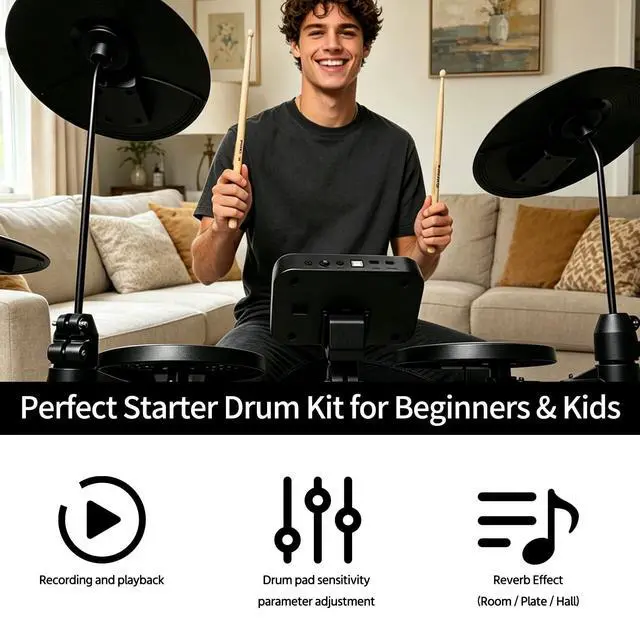 Alt view image 2 of 7 - Electric Drum Kit for Beginner Home Practice with 10" Cymbals, USB MIDI, 7 Drum Kits, 70 Sounds,Throne, Headphones, Sticks,foldable drum set gift