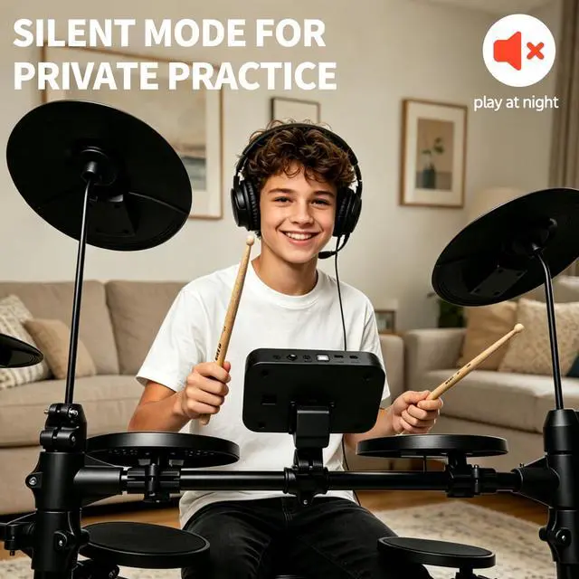 Alt view image 7 of 7 - Electric Drum Kit for Beginner Home Practice with 10" Cymbals, USB MIDI, 7 Drum Kits, 70 Sounds,Throne, Headphones, Sticks,foldable drum set gift