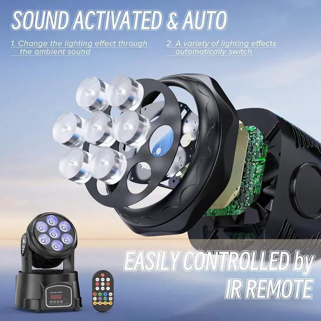 Alt view image 4 of 7 - Moving Head Light RGBW Stage Lighting DJ Lights 7 x 10W LED Beam Spotlight 9/14 CH Wash Light with DMX and Sound Activated for Party Church Wedding Bar Christmas Halloween Disco (2 Pack)