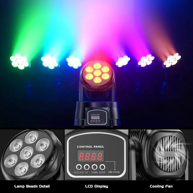 Alt view image 6 of 7 - Moving Head Light RGBW Stage Lighting DJ Lights 7 x 10W LED Beam Spotlight 9/14 CH Wash Light with DMX and Sound Activated for Party Church Wedding Bar Christmas Halloween Disco (2 Pack)