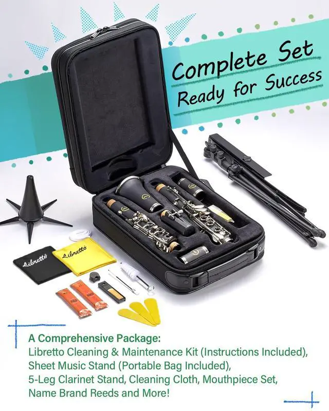 Alt view image 2 of 7 - Bb Clarinet Set for Beginner and Intermediate Players, Name-Brand Mouthpiece & Reeds, Music Stand, Cleaning Kit, Instructions, Backpack Case, 5-Leg Stand, Educator-Recommended