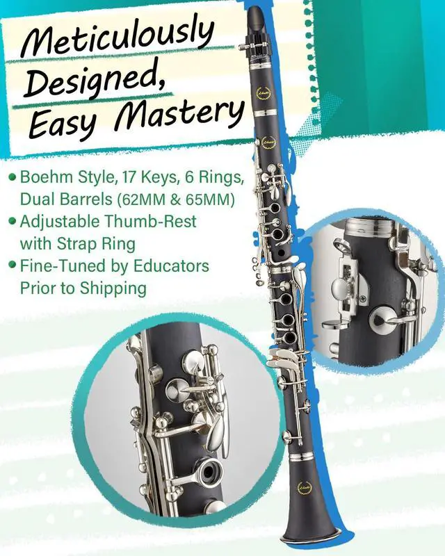Alt view image 3 of 7 - Bb Clarinet Set for Beginner and Intermediate Players, Name-Brand Mouthpiece & Reeds, Music Stand, Cleaning Kit, Instructions, Backpack Case, 5-Leg Stand, Educator-Recommended