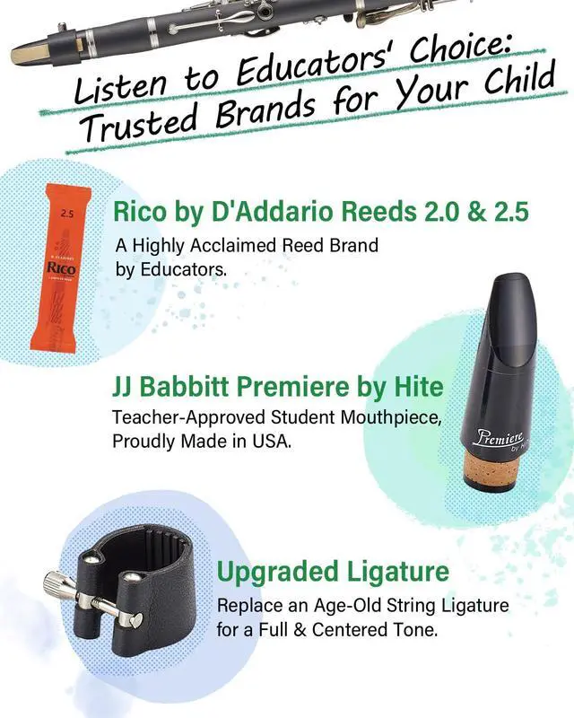 Alt view image 4 of 7 - Bb Clarinet Set for Beginner and Intermediate Players, Name-Brand Mouthpiece & Reeds, Music Stand, Cleaning Kit, Instructions, Backpack Case, 5-Leg Stand, Educator-Recommended