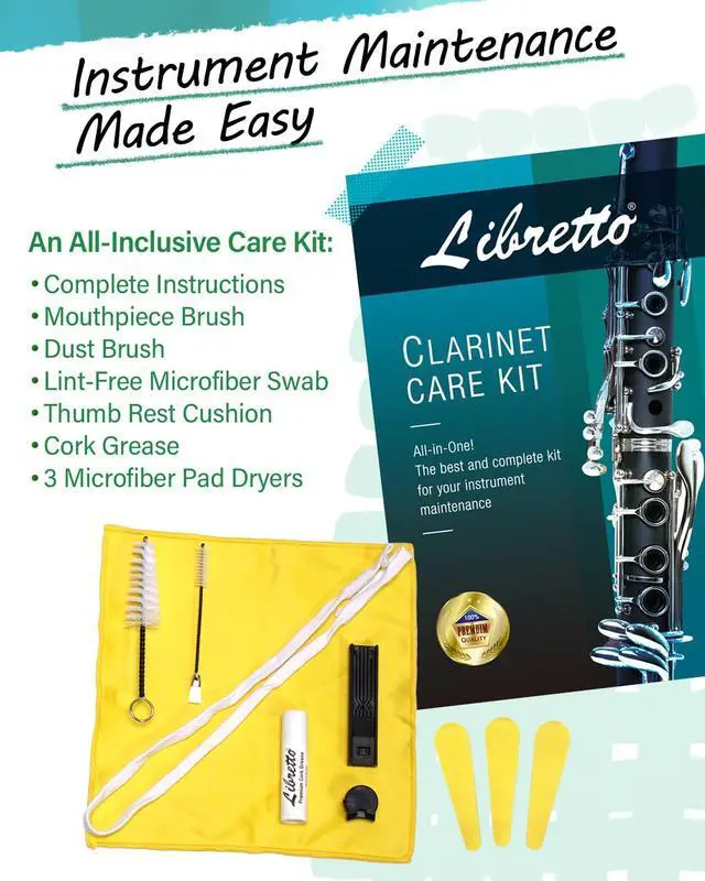 Alt view image 5 of 7 - Bb Clarinet Set for Beginner and Intermediate Players, Name-Brand Mouthpiece & Reeds, Music Stand, Cleaning Kit, Instructions, Backpack Case, 5-Leg Stand, Educator-Recommended