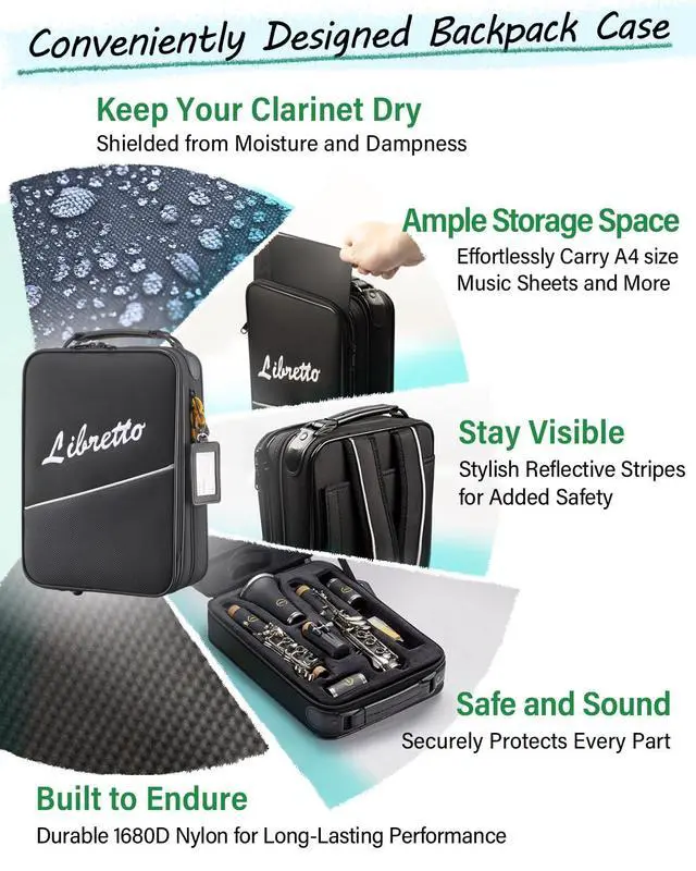 Alt view image 6 of 7 - Bb Clarinet Set for Beginner and Intermediate Players, Name-Brand Mouthpiece & Reeds, Music Stand, Cleaning Kit, Instructions, Backpack Case, 5-Leg Stand, Educator-Recommended