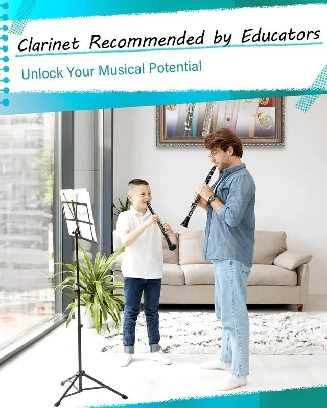 Alt view image 7 of 7 - Bb Clarinet Set for Beginner and Intermediate Players, Name-Brand Mouthpiece & Reeds, Music Stand, Cleaning Kit, Instructions, Backpack Case, 5-Leg Stand, Educator-Recommended