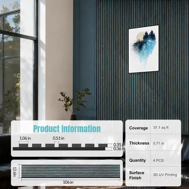 Alt view image 2 of 7 - Wood Slat Wall Panels for Interior Wall Decor, Acoustic MDF Wall Panels with PET Backing, Easy Install Wall Paneling for Living Room Bedroom Office, Antique Teal Rust Accent (106" H)