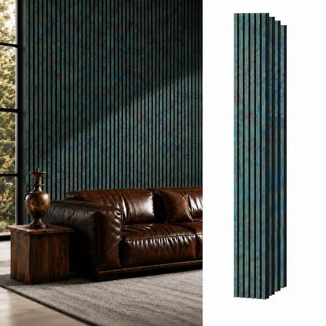 Main image of Wood Slat Wall Panels for Interior Wall Decor, Acoustic MDF Wall Panels with PET Backing, Easy Install Wall Paneling for Living Room Bedroom Office, Antique Teal Rust Accent (106" H)
