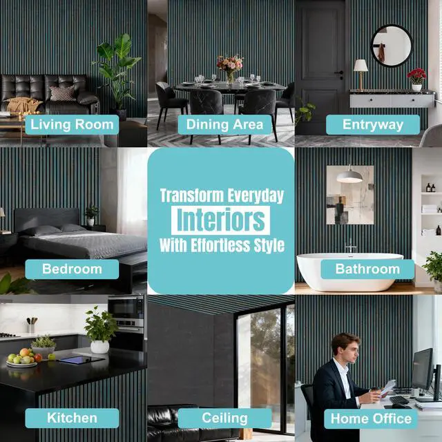 Alt view image 3 of 7 - Wood Slat Wall Panels for Interior Wall Decor, Acoustic MDF Wall Panels with PET Backing, Easy Install Wall Paneling for Living Room Bedroom Office, Antique Teal Rust Accent (106" H)