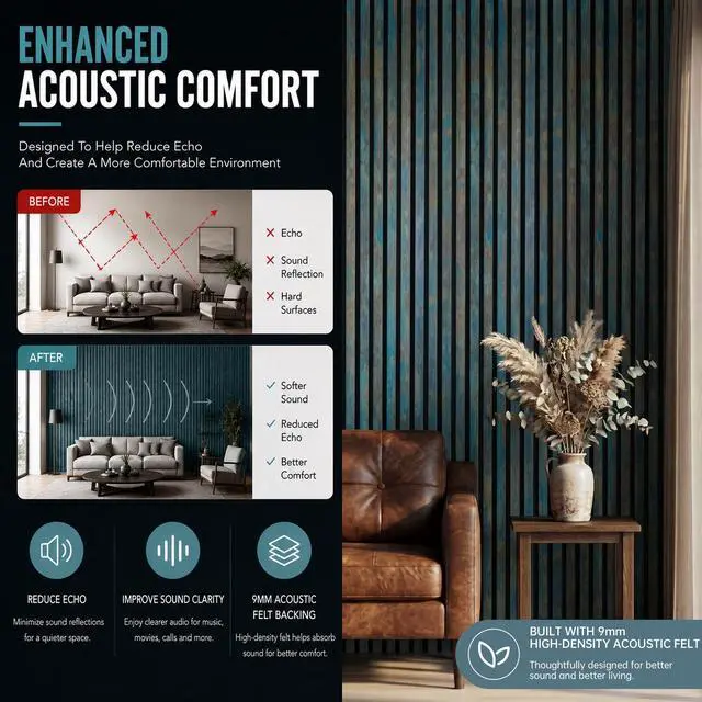 Alt view image 4 of 7 - Wood Slat Wall Panels for Interior Wall Decor, Acoustic MDF Wall Panels with PET Backing, Easy Install Wall Paneling for Living Room Bedroom Office, Antique Teal Rust Accent (94" H)