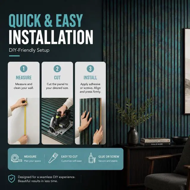 Alt view image 7 of 7 - Wood Slat Wall Panels for Interior Wall Decor, Acoustic MDF Wall Panels with PET Backing, Easy Install Wall Paneling for Living Room Bedroom Office, Antique Teal Rust Accent (94" H)