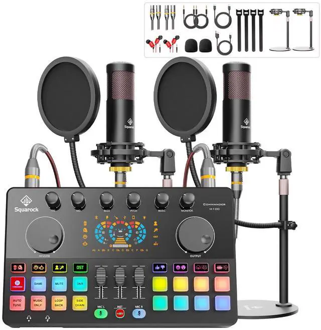 Main image of Podcast Equipment Bundle for 2 with Dual 48V XLR Condenser Micophones with Mic Pop Filters Audio Equipment for Live Streaming/ Recording, Online Gaming for Phone/ Laptop/ PC Audio Interface M100
