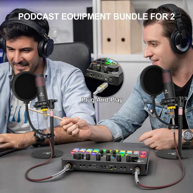 Alt view image 4 of 7 - Podcast Equipment Bundle for 2 with Dual 48V XLR Condenser Micophones with Mic Pop Filters Audio Equipment for Live Streaming/ Recording, Online Gaming for Phone/ Laptop/ PC Audio Interface M100