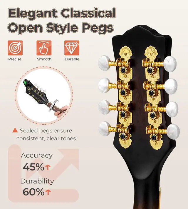 Alt view image 2 of 7 - Mandolin Instrument A Style, Acoustic Mandolin Musical Instrument Solid Spruce Top 8 String for Beginners, Adults, Teens, Dark Brown