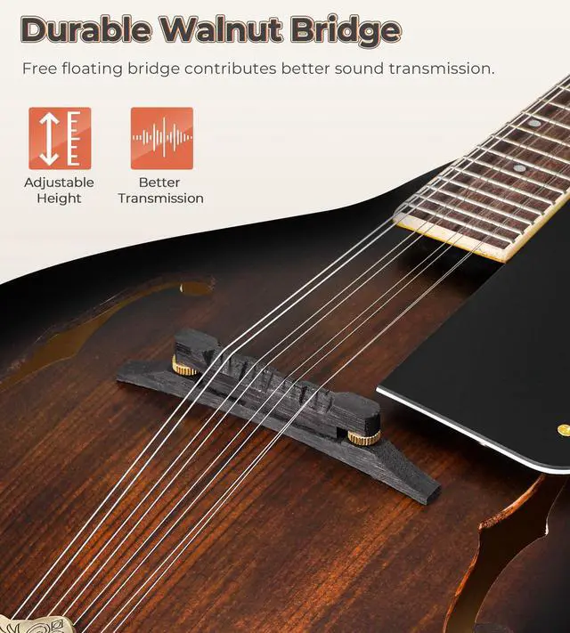 Alt view image 3 of 7 - Mandolin Instrument A Style, Acoustic Mandolin Musical Instrument Solid Spruce Top 8 String for Beginners, Adults, Teens, Dark Brown