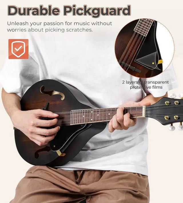 Alt view image 4 of 7 - Mandolin Instrument A Style, Acoustic Mandolin Musical Instrument Solid Spruce Top 8 String for Beginners, Adults, Teens, Dark Brown