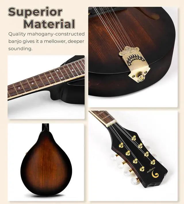 Alt view image 5 of 7 - Mandolin Instrument A Style, Acoustic Mandolin Musical Instrument Solid Spruce Top 8 String for Beginners, Adults, Teens, Dark Brown