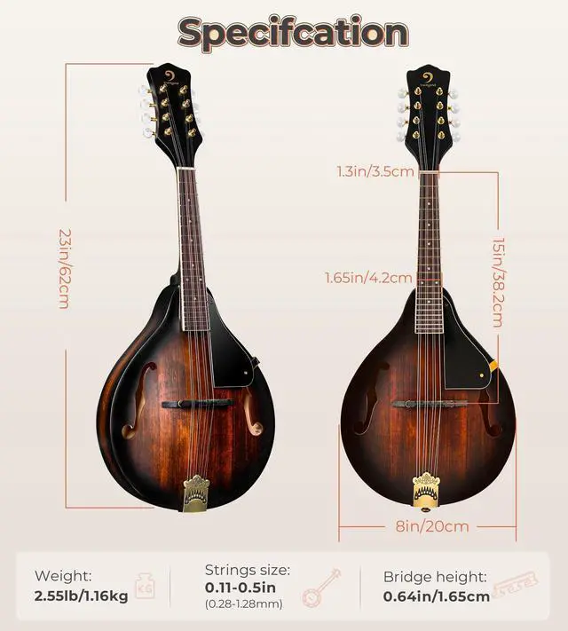 Alt view image 6 of 7 - Mandolin Instrument A Style, Acoustic Mandolin Musical Instrument Solid Spruce Top 8 String for Beginners, Adults, Teens, Dark Brown