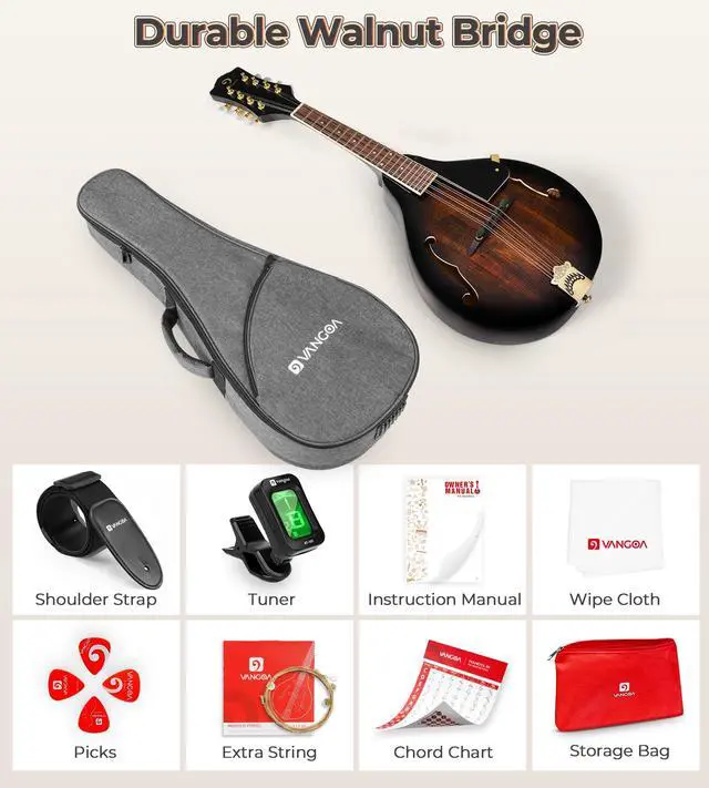 Alt view image 7 of 7 - Mandolin Instrument A Style, Acoustic Mandolin Musical Instrument Solid Spruce Top 8 String for Beginners, Adults, Teens, Dark Brown