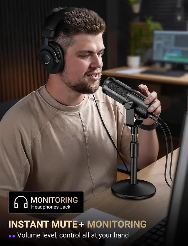 Alt view image 5 of 7 - AmpliTank TANK6S Vocal Dynamic Microphone XLR/USB Desktop Mic | Podcast Microphone with Height-Adjustable Stand, Mute, Monitoring, Studio Metal, for Streaming Content Creation Recording