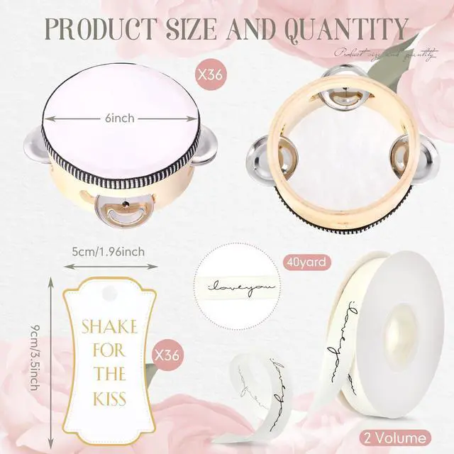 Alt view image 2 of 6 - 36 Set 6 Inch Tambourines Bulk for Adults Christmas Bulk Wooden Hand Held Drum with Metal Jingles, Tags, Tambourine Gift Musical Instrument for Church Wedding Party Favor(White Style)