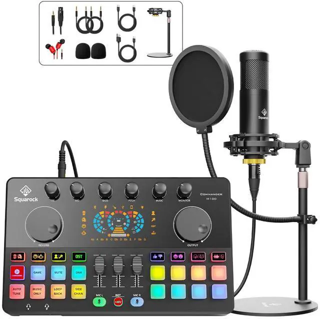 Main image of Podcast Equipment Bundle All-in-One with Dual XLR-3.5 Condenser Micophone with Mic Pop Filter Audio Equipment for Live Streaming/ Recording, Online Gaming for Phone/ Laptop/ PC Audio Interface M100