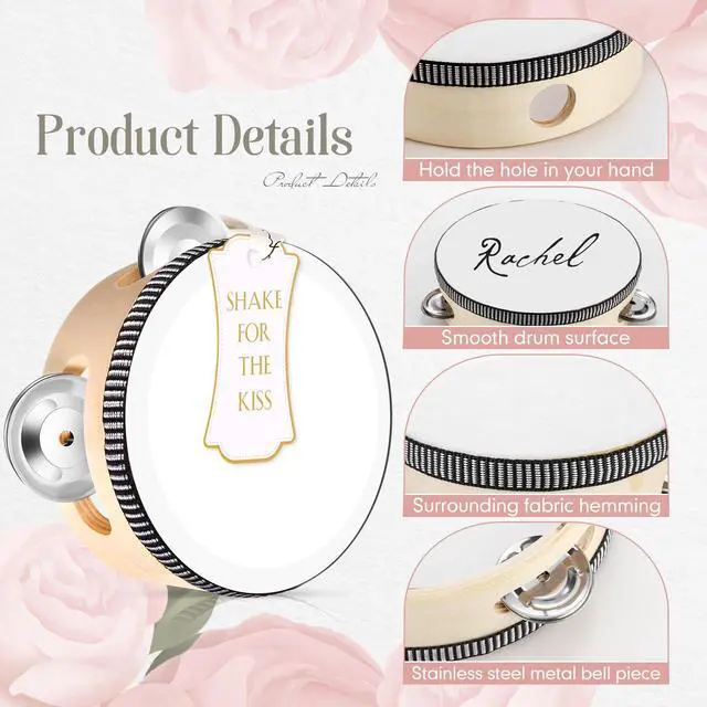 Alt view image 5 of 6 - 36 Set 6 Inch Tambourines Bulk for Adults Christmas Bulk Wooden Hand Held Drum with Metal Jingles, Tags, Tambourine Gift Musical Instrument for Church Wedding Party Favor(White Style)