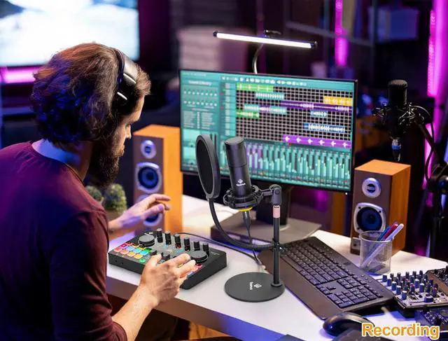 Alt view image 6 of 7 - Podcast Equipment Bundle All-in-One with Dual XLR-3.5 Condenser Micophone with Mic Pop Filter Audio Equipment for Live Streaming/ Recording, Online Gaming for Phone/ Laptop/ PC Audio Interface M100