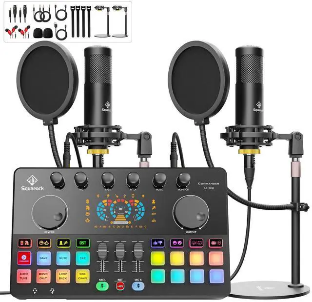 Main image of Podcast Equipment Bundle for 2 with Dual XLR-3.5 Condenser Micophones with Mic Pop Filters Audio Equipment for Live Streaming/ Recording, Online Gaming for Phone/ Laptop/ PC Audio Interface M100