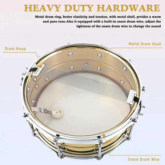 Alt view image 5 of 7 - Snare Drum 14 X5.5 Inches Professional Snares for Drummer, Adult, Advanced Drum Set Snare Drums (Brass Color)