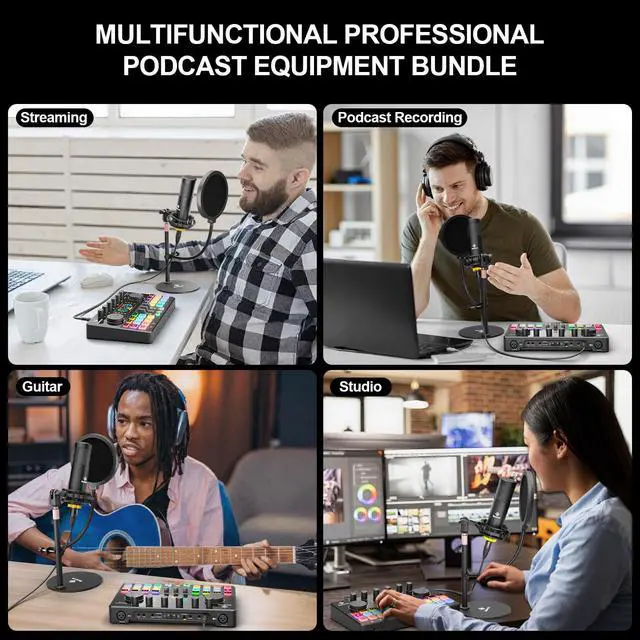 Alt view image 7 of 7 - Podcast Equipment Bundle for 2 with Dual XLR-3.5 Condenser Micophones with Mic Pop Filters Audio Equipment for Live Streaming/ Recording, Online Gaming for Phone/ Laptop/ PC Audio Interface M100