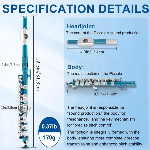 Alt view image 2 of 7 - Closed Hole C Piccolo, Professional Nickel Silver Body with Bronze Finish, Includes Gig Bag, Manual and Cleaning Kit, for Beginners and School Bands (Blue)