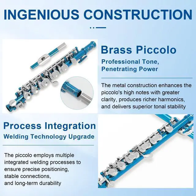 Alt view image 4 of 7 - Closed Hole C Piccolo, Professional Nickel Silver Body with Bronze Finish, Includes Gig Bag, Manual and Cleaning Kit, for Beginners and School Bands (Blue)