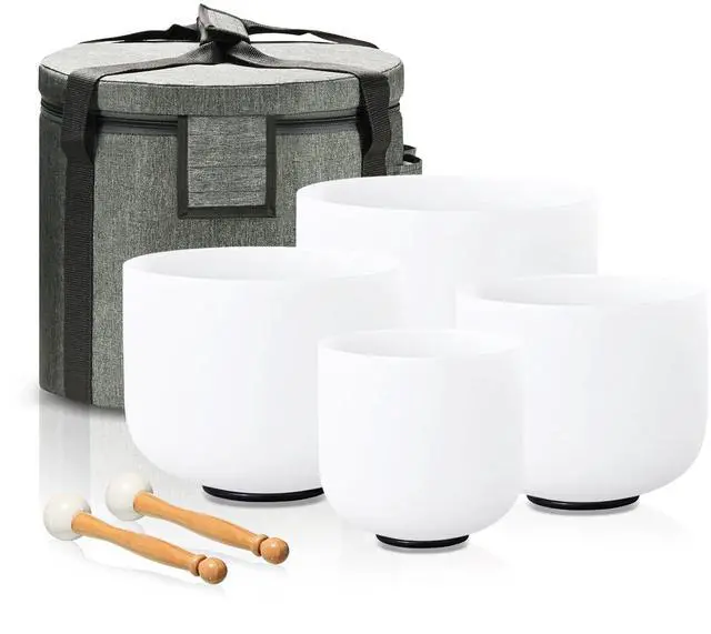 Main image of Crystal Singing Bowl Set of 4 PCS, 6"A, 8" F,10" G,12" C | Frosted Chakra Quartz Bowl, Sound Healing Meditation,Mindfulness,Relaxation, Includes Case Bags and Rubber Mallets