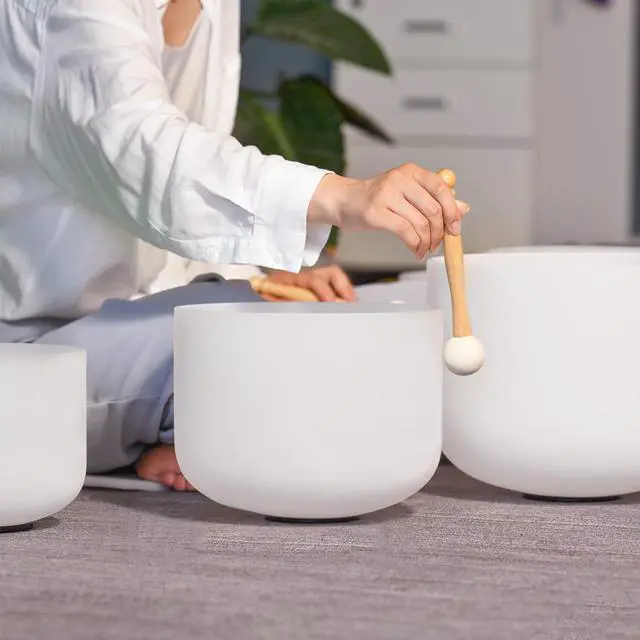 Alt view image 5 of 6 - Crystal Singing Bowl Set of 4 PCS, 6"A, 8" F,10" G,12" C | Frosted Chakra Quartz Bowl, Sound Healing Meditation,Mindfulness,Relaxation, Includes Case Bags and Rubber Mallets